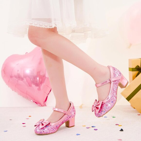 Girls Pink Sequins Cute Bow-knot Sparkle Mary Jane Flower Wedding Dress Shoes - Picture 2 of 7